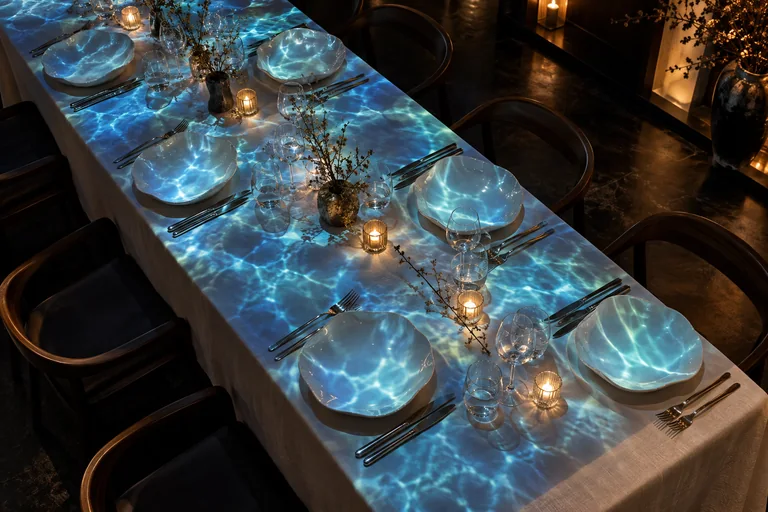 An overhead view of blue water-light projections flowing across a linen dining table, ceramic plates and candlelit place settings.