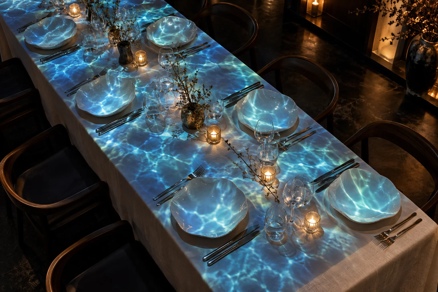 AI concept art: a dinner table with patterns of projected light across it.