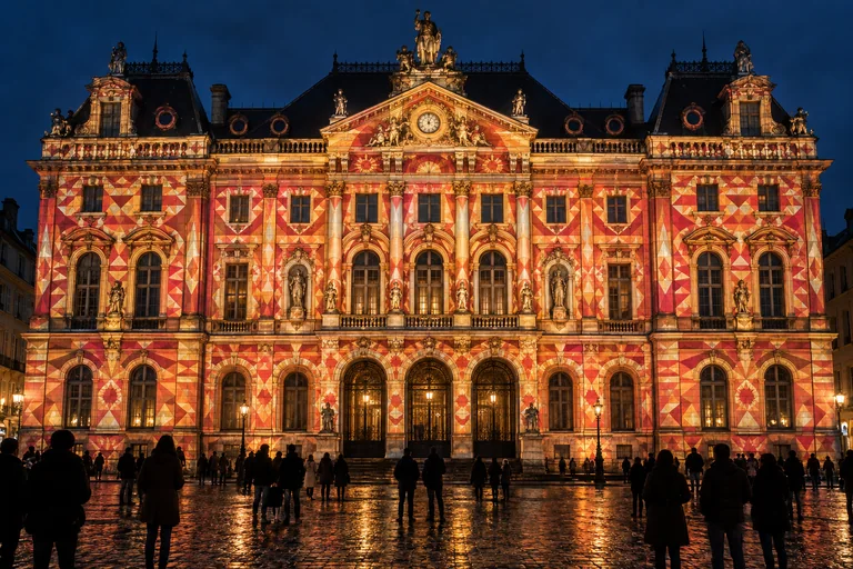 A grand stone building covered in coral and golden geometric projections, with visitors watching from a town square at night.