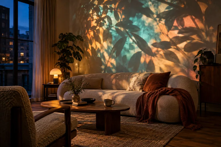 Amber and teal botanical light projected across a plaster wall and a soft sofa in a cosy apartment at dusk.