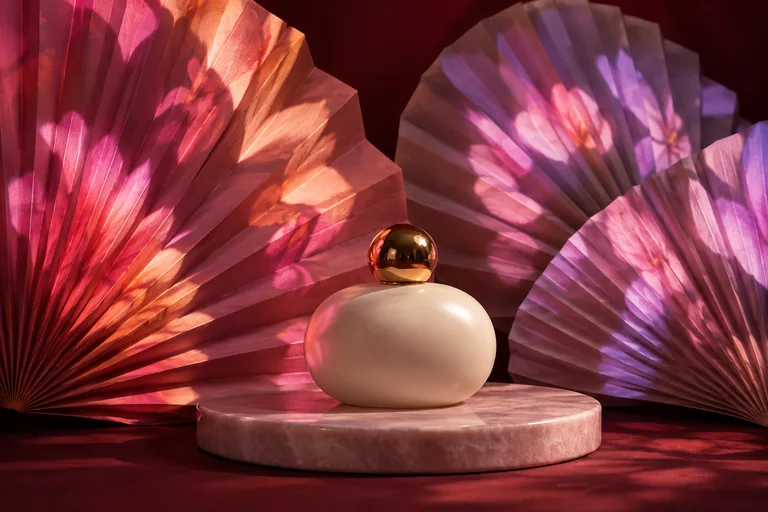 An ivory perfume bottle on a pink stone dish, surrounded by folded paper fans illuminated with peach, raspberry and lavender petals.