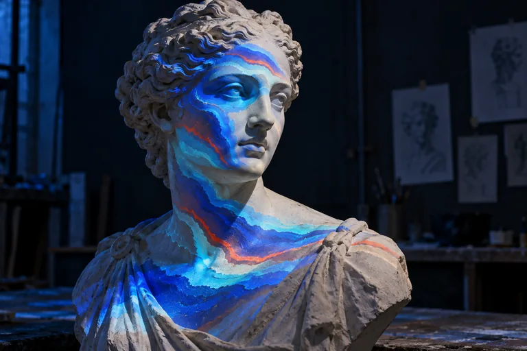 Cobalt, cyan and coral bands of projected light tracing the face and shoulders of a classical plaster bust.