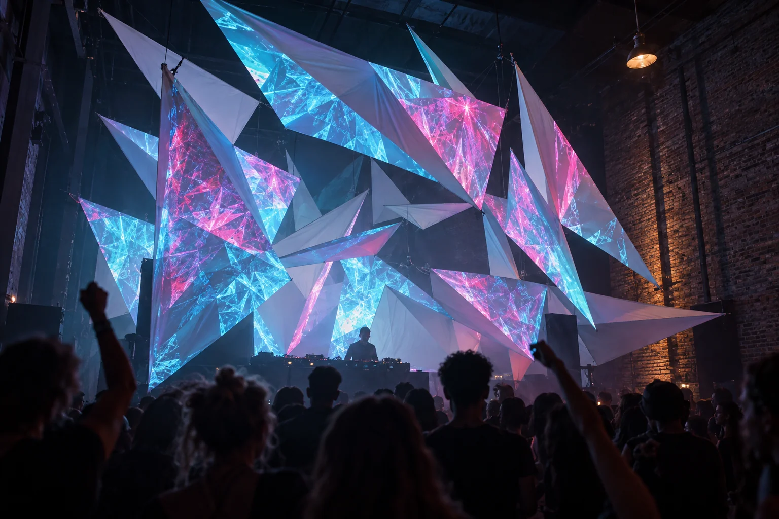 AI concept art: a DJ in a brick warehouse below hanging white triangular panels lit with blue and pink projected patterns.