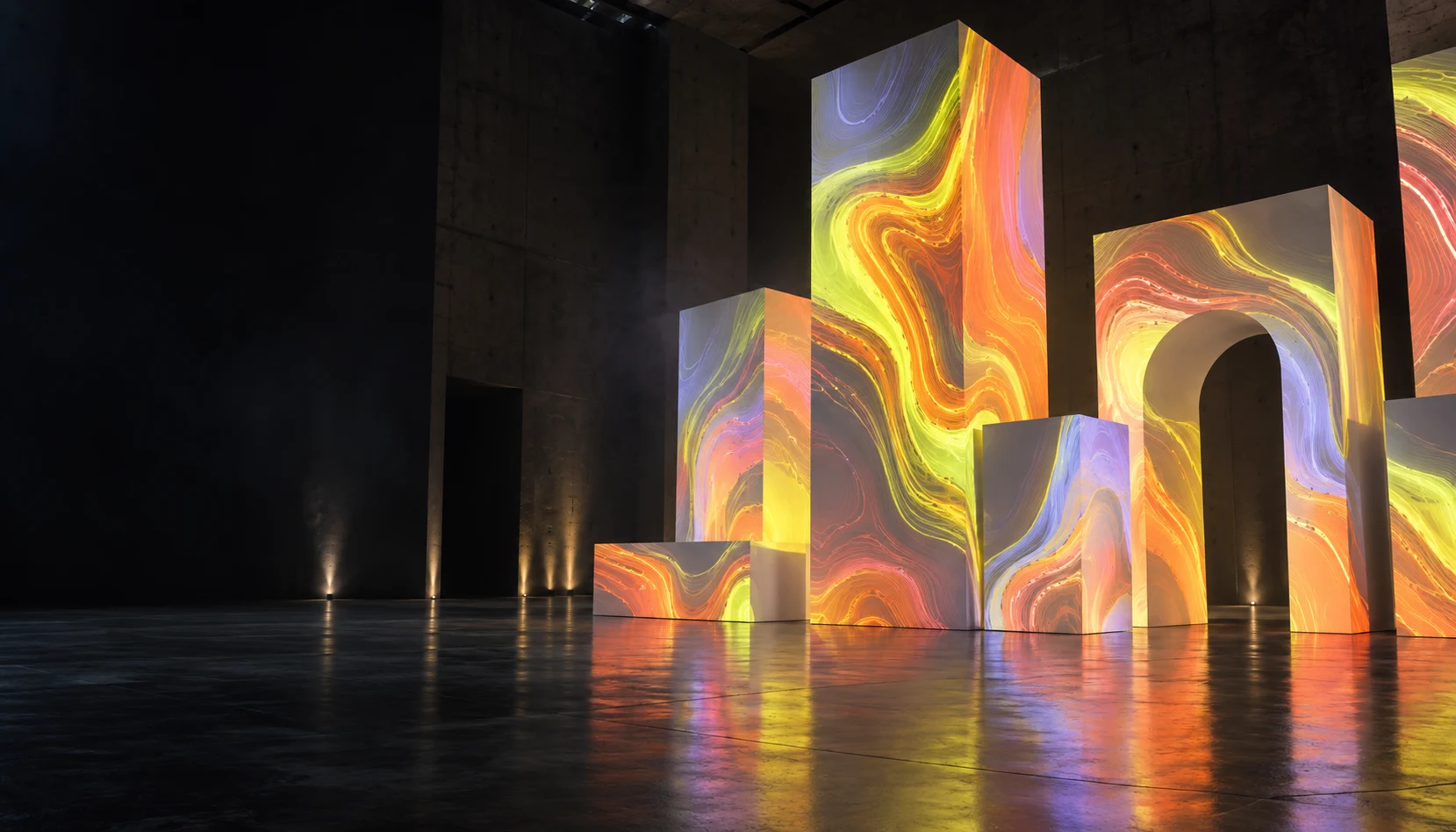 Architectural sculptures with individually mapped animated marble, contour lines, ripples, dots, and stripes