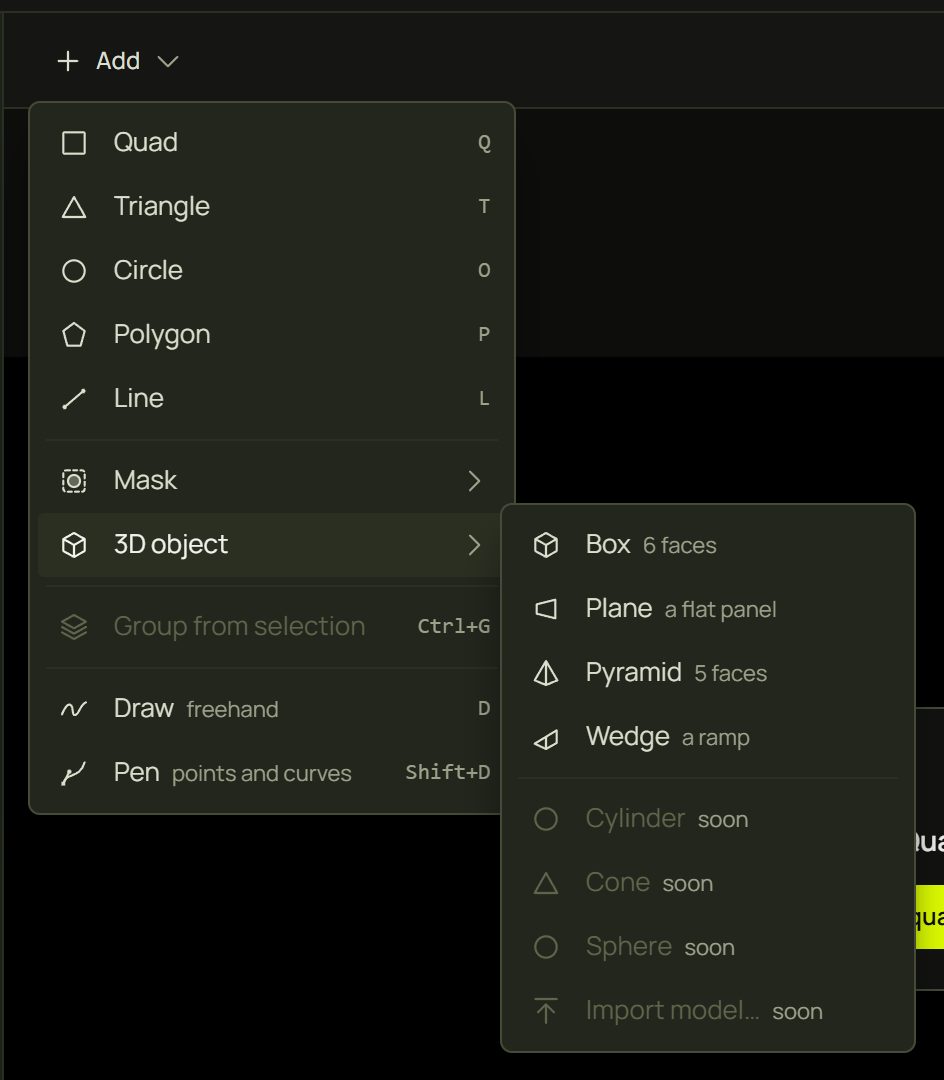 The Add menu with the 3D object submenu open