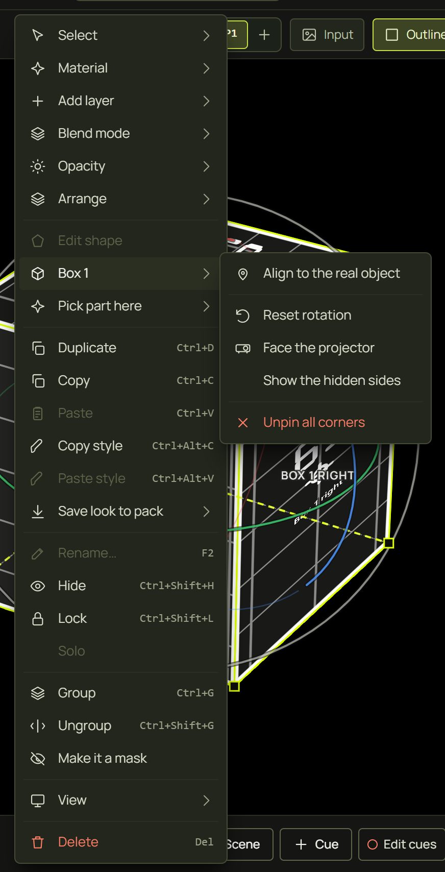 The right-click menu of a face with the Box 1 submenu open