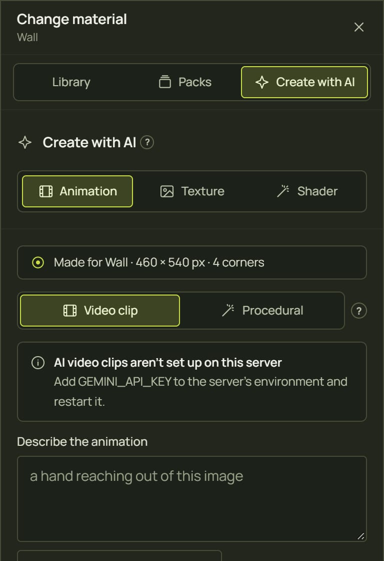 The Animation tab saying AI video clips aren't set up on this server
