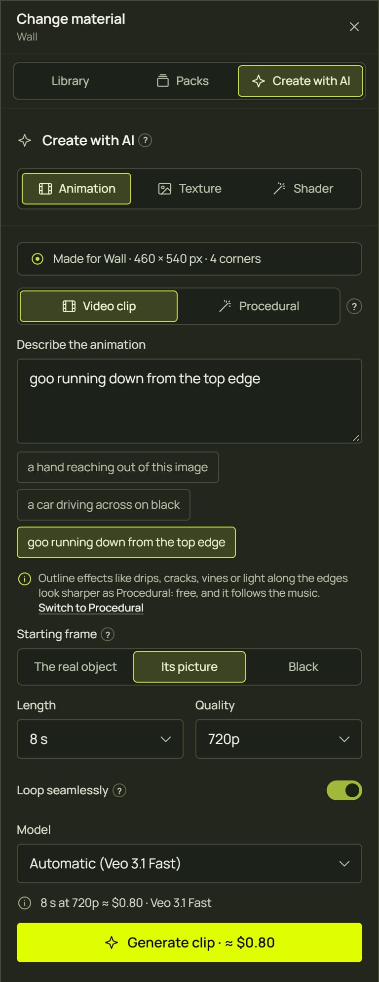 The Animation tab set up for a video clip with a description, starting frame, length, quality, loop, model and cost