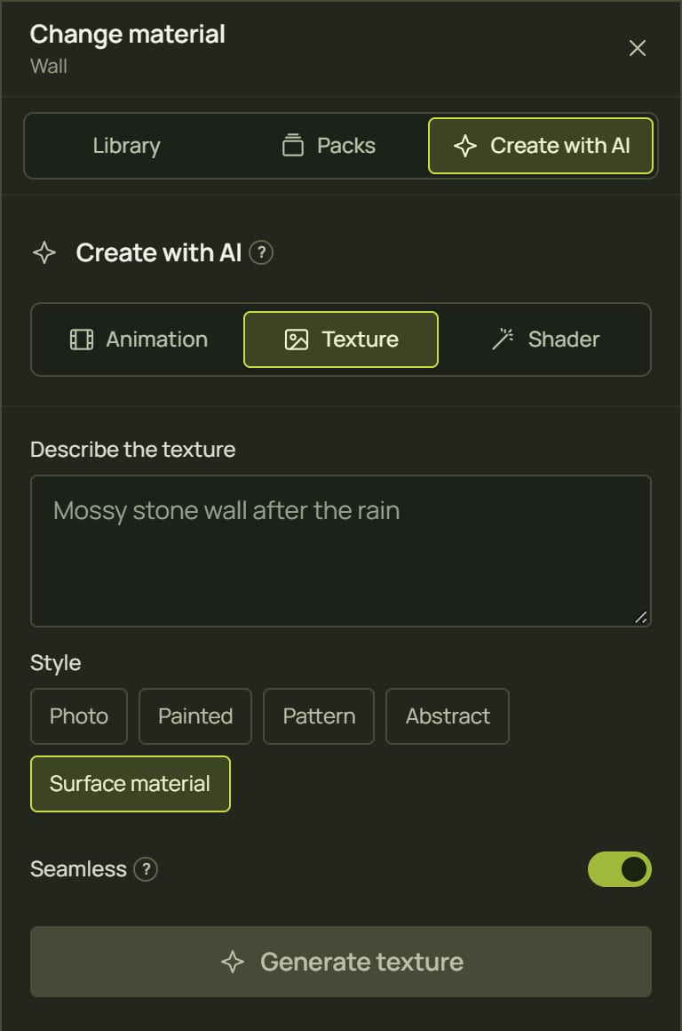 The Texture tab with a description, style chips and the Seamless switch