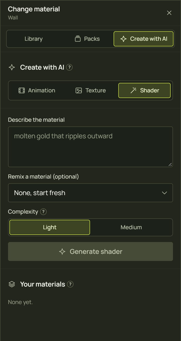 The Shader tab with a description, Remix a material and Complexity