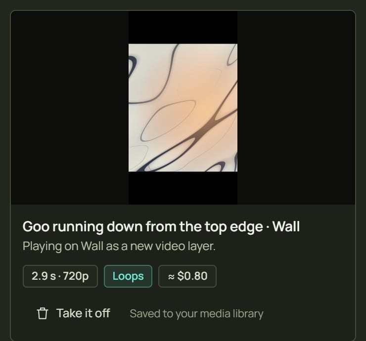 The finished clip's card saying it plays on the Wall as a new video layer