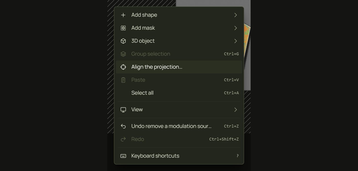 The canvas's right-click menu with Align the projection highlighted