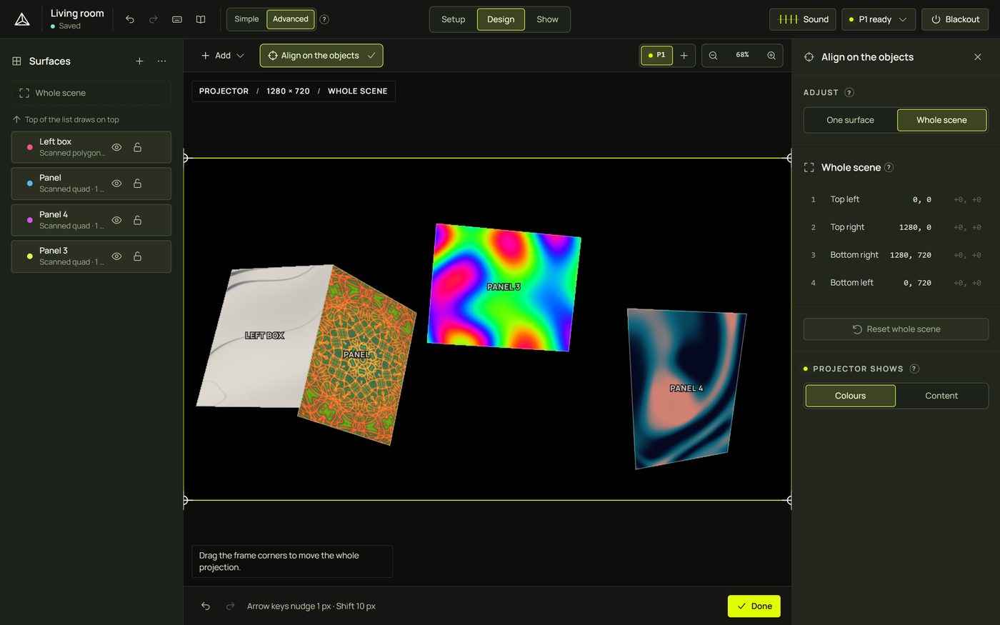 The Align tool in Whole scene mode with crosshair handles on the frame's corners and the corner list