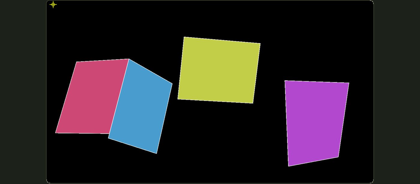 The projector while aligning: surfaces in flat colours and crosshairs at the frame's corners
