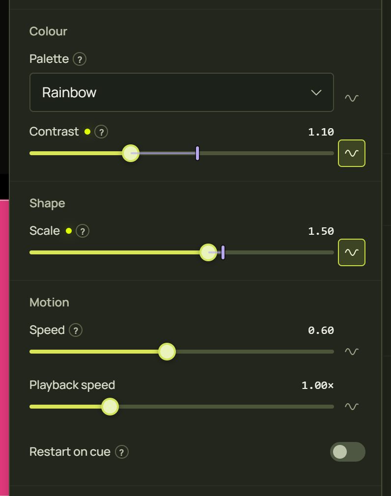 The look panel with wave buttons; Contrast and Scale lit, with live markers on their sliders