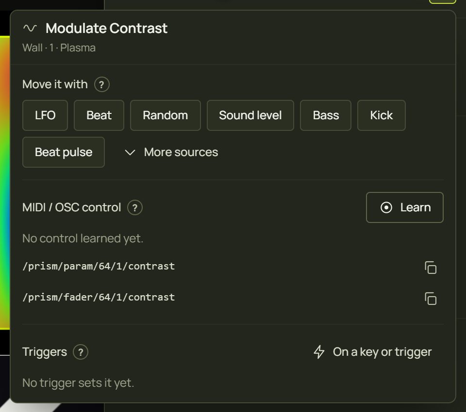 The Modulate Contrast popover with quick sources, MIDI / OSC control and Triggers