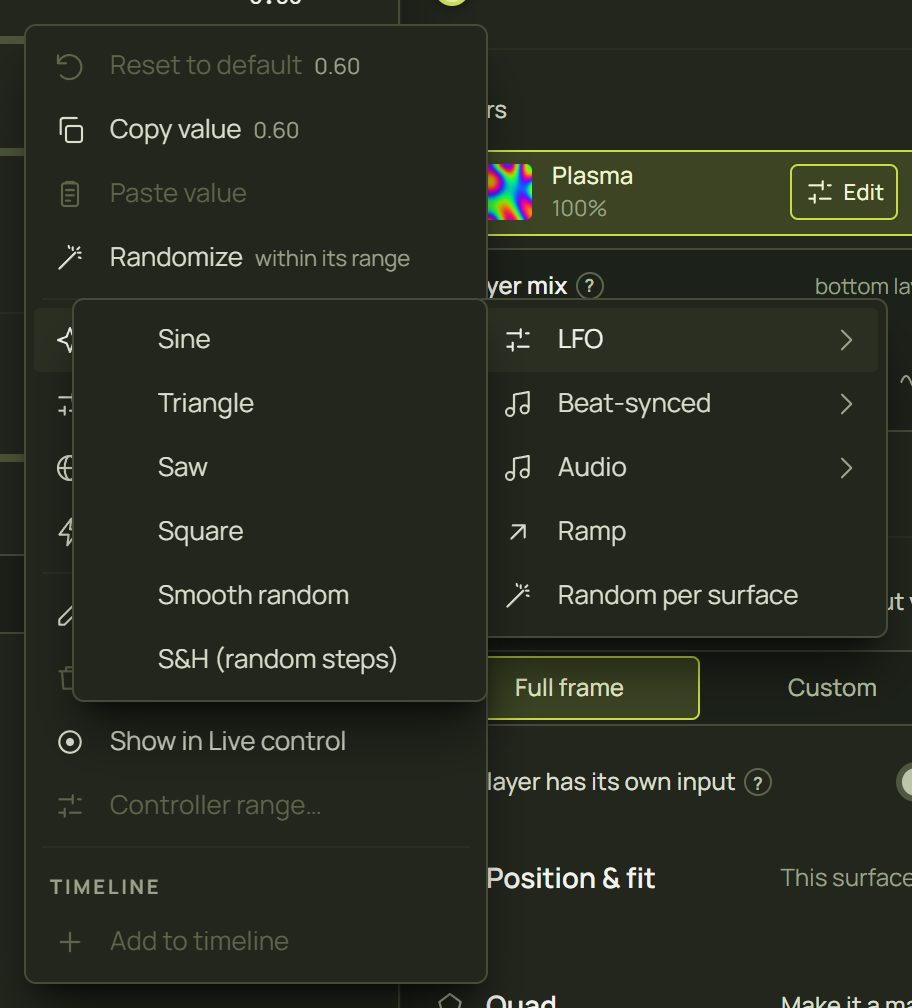 Right-click Speed, Modulate, LFO with the six shapes