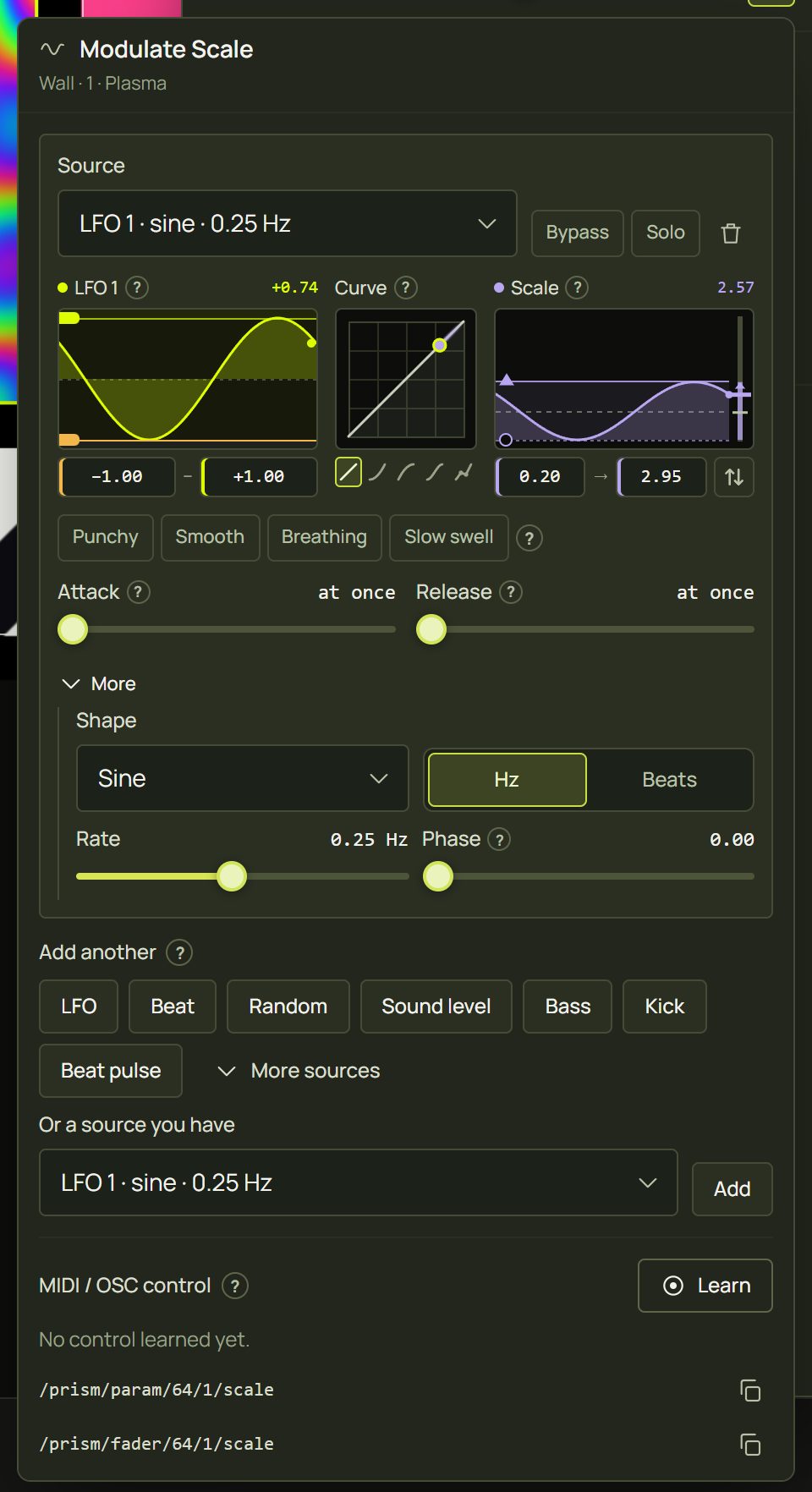 An LFO route on Scale with More open: shape Sine, Hz, rate 0.25 Hz, phase