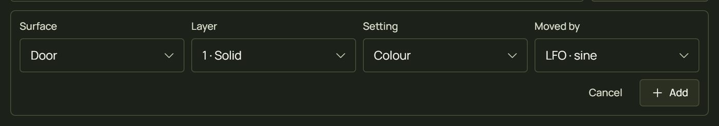 The Add automation form: Surface Door, Layer 1 Solid, Setting Colour, Moved by LFO sine