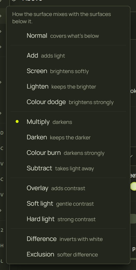 The Blend mode submenu with all 14 modes in their families