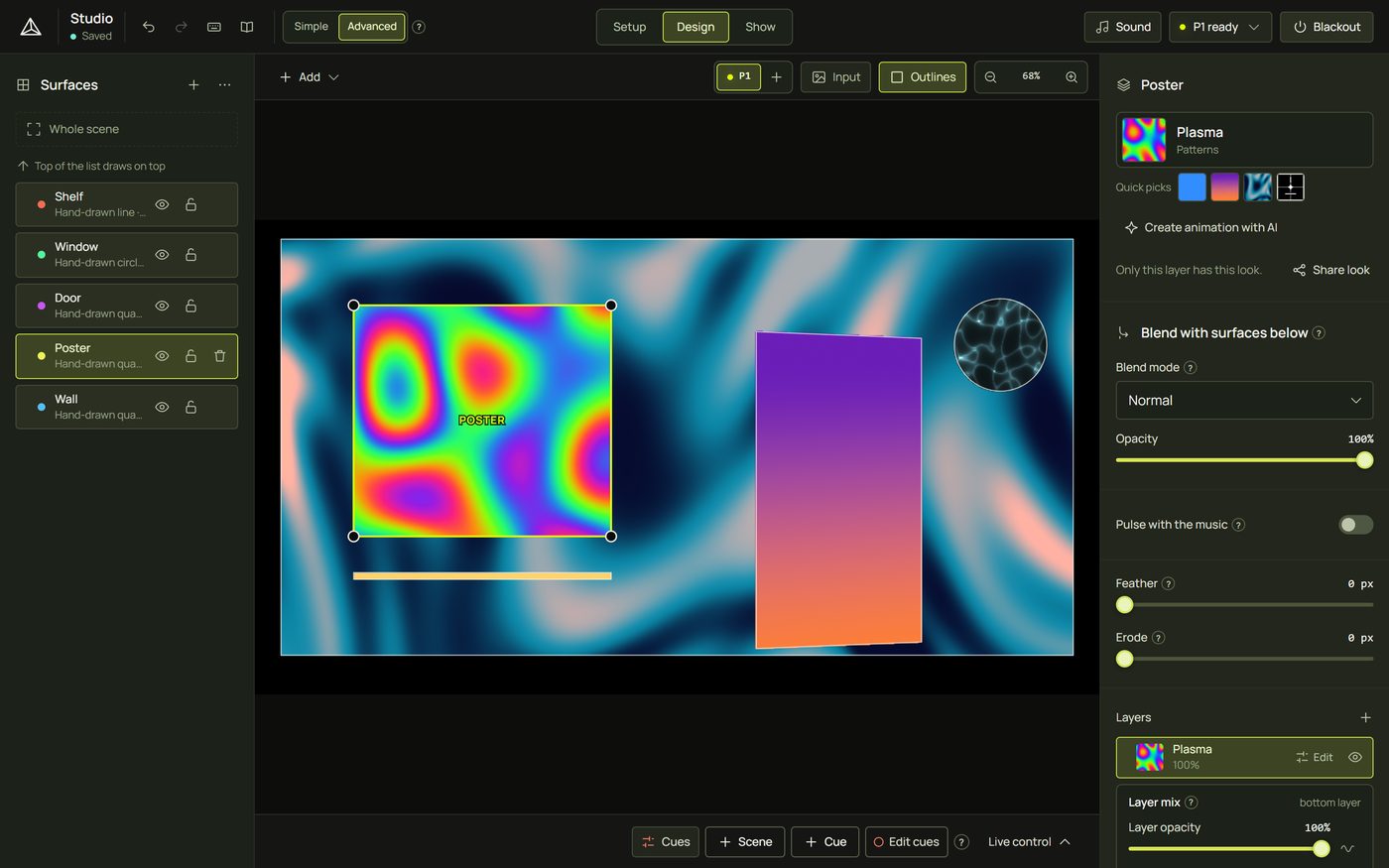 The Design screen with the surfaces list, the canvas and the inspector