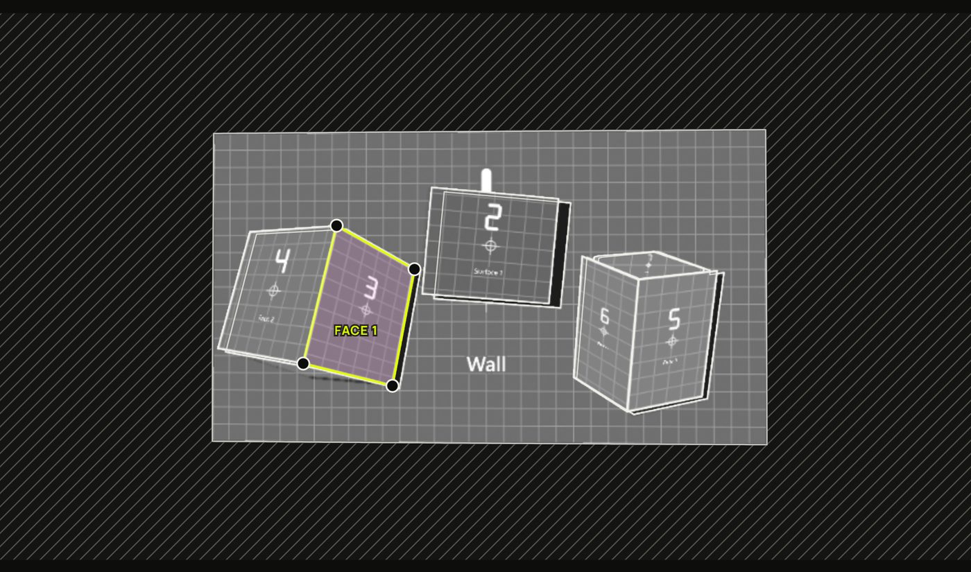 The camera view: the scan photo with the surfaces over it and a hatch outside the projector's picture