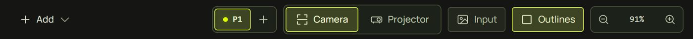 The canvas tool bar: Add, P1 and plus, Camera and Projector, Input, Outlines and the zoom control