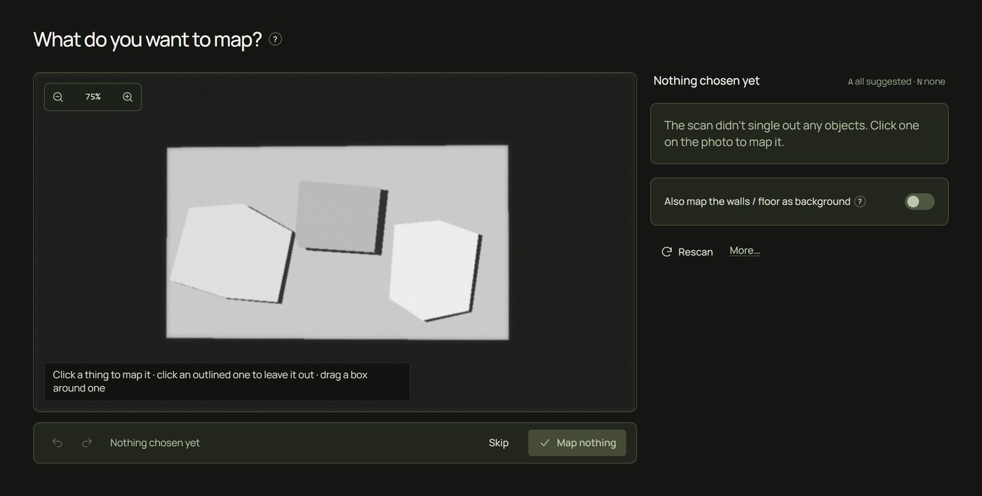 What do you want to map? with nothing chosen yet: the scan photo, the note that the scan didn't single out any objects, and the background switch