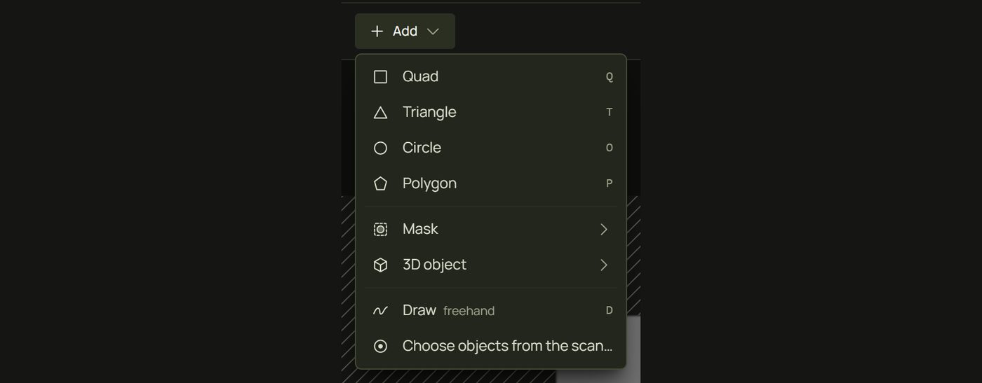 Design's Add menu with Choose objects from the scan