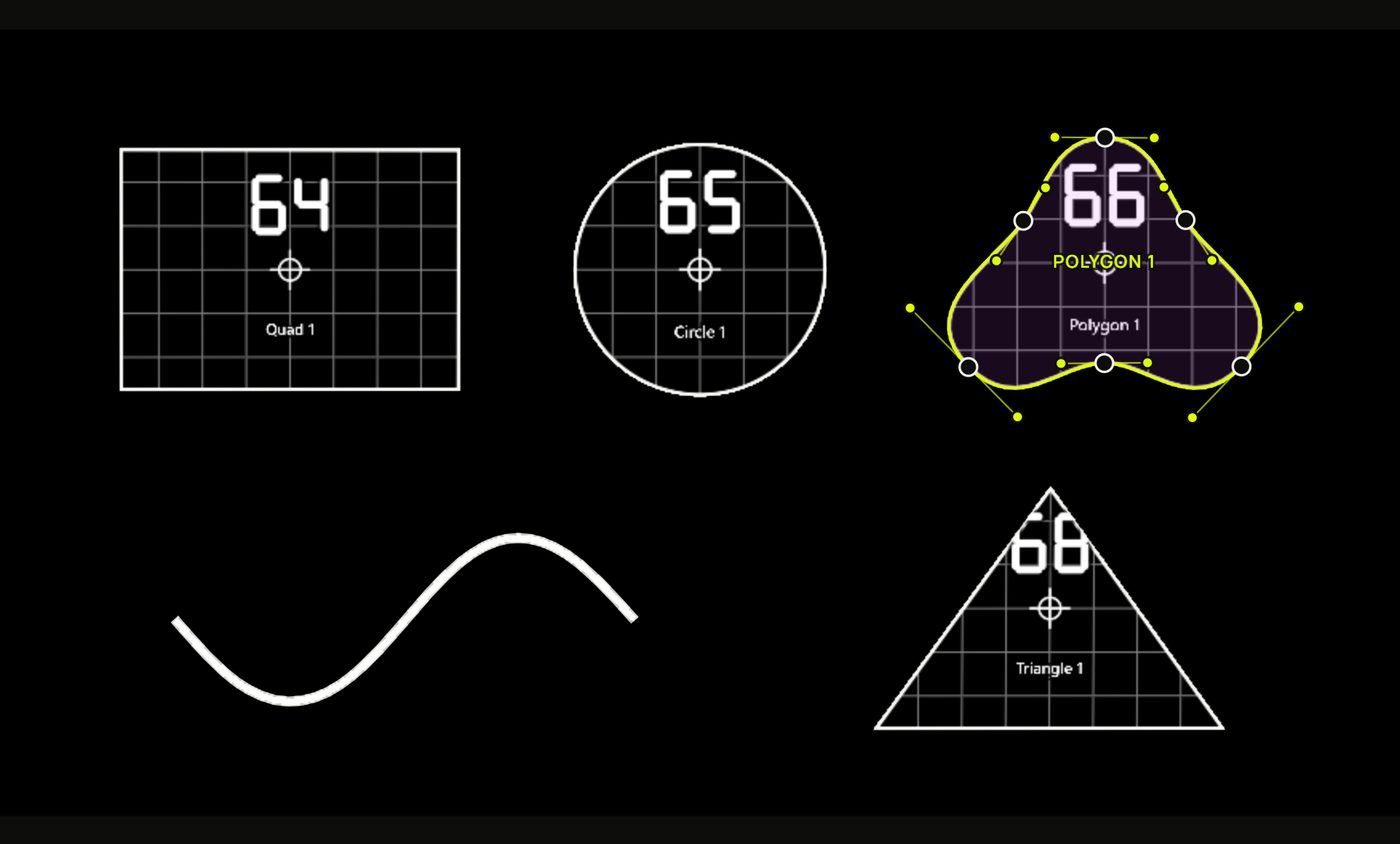 Five drawn shapes: a quad, a circle, a curved blob, a wavy line and a triangle