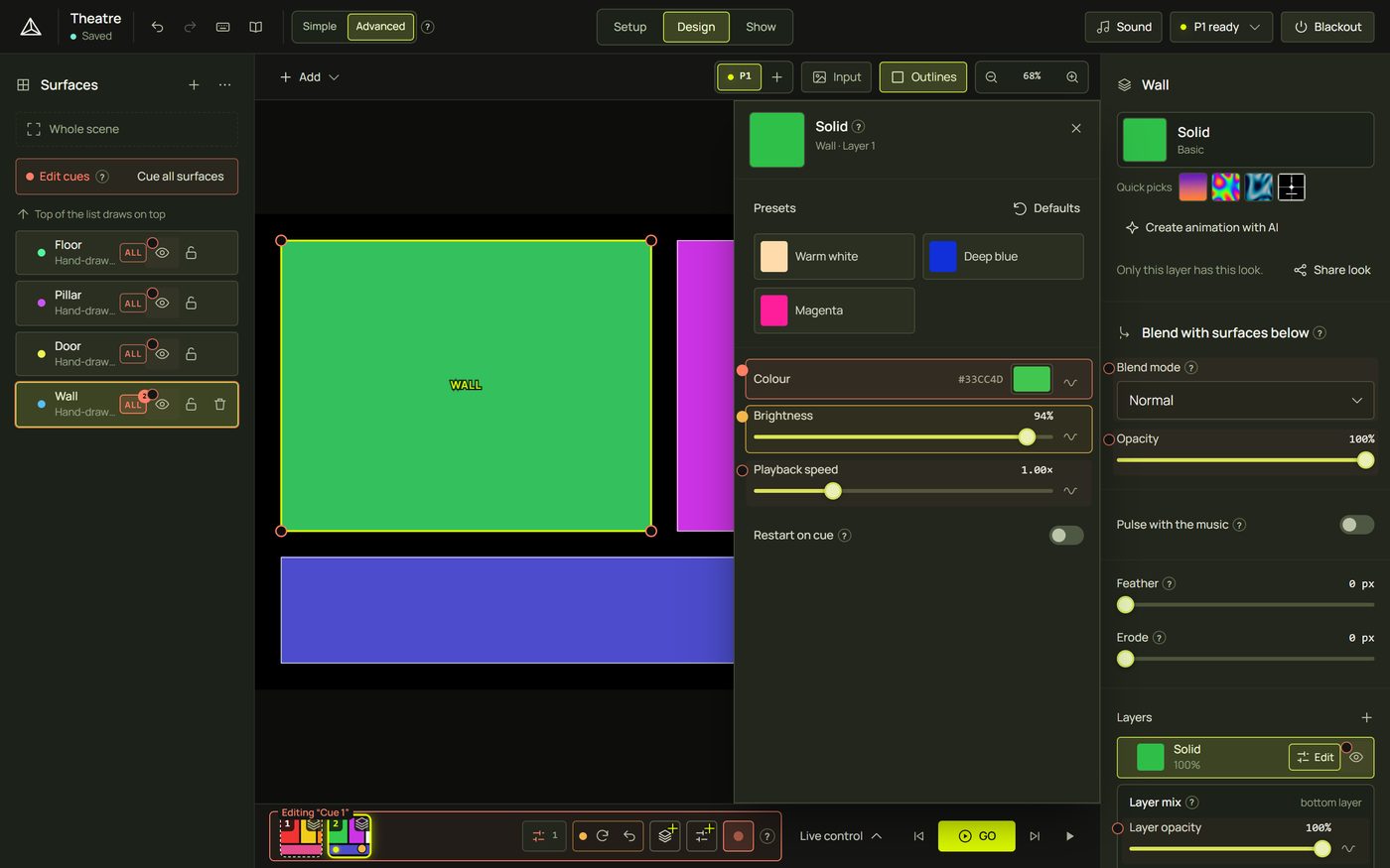 Design with Edit cues on: red strip, markers in the look panel and inspector, ALL buttons in the surfaces list