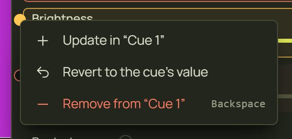 The marker menu: Update in Cue 1, Revert to the cue's value, Remove from Cue 1 Backspace