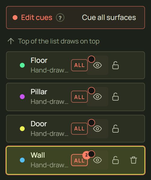 The Surfaces list with the Edit cues bar, Cue all surfaces, and ALL buttons; the Wall's ALL shows 2