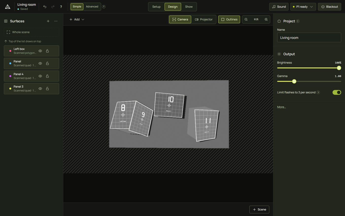 Design mode with four surfaces showing the Test Grid