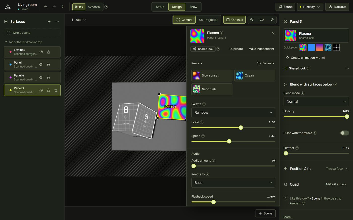The look panel for Plasma: presets, palette, scale, speed and the Audio group