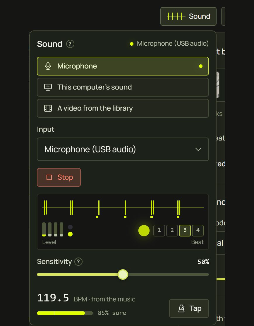 The Sound panel listening to a microphone, with level, beat lamp and tempo