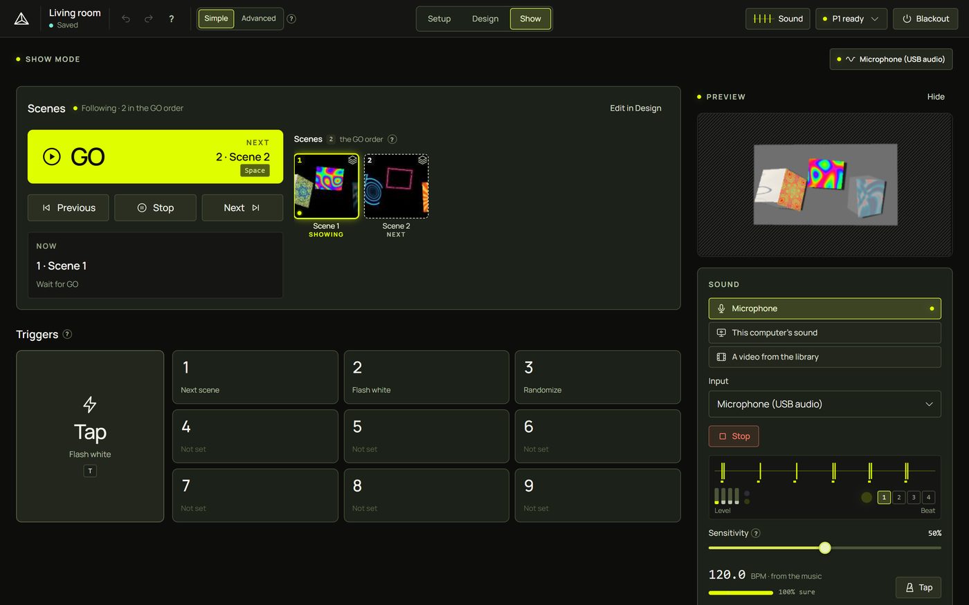 Show mode with GO, the scenes, triggers, the preview and the Sound panel