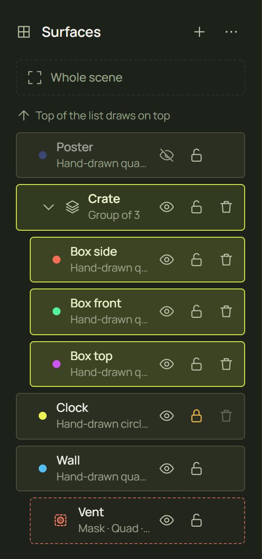 The Surfaces list with a group, a hidden poster, a locked clock and a mask
