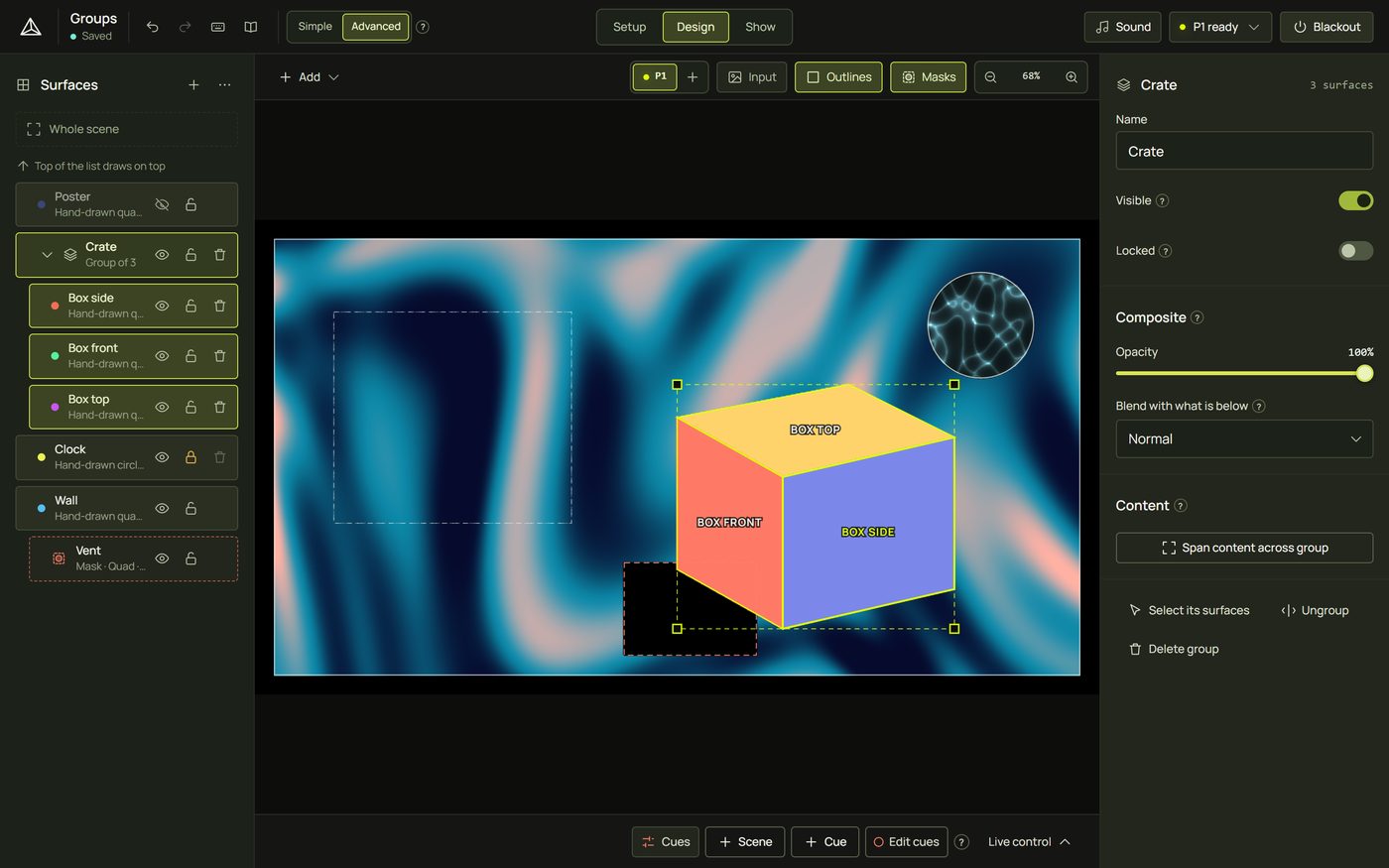 The Crate group selected: its rows in the list, a dashed box on the canvas, the group's settings on the right