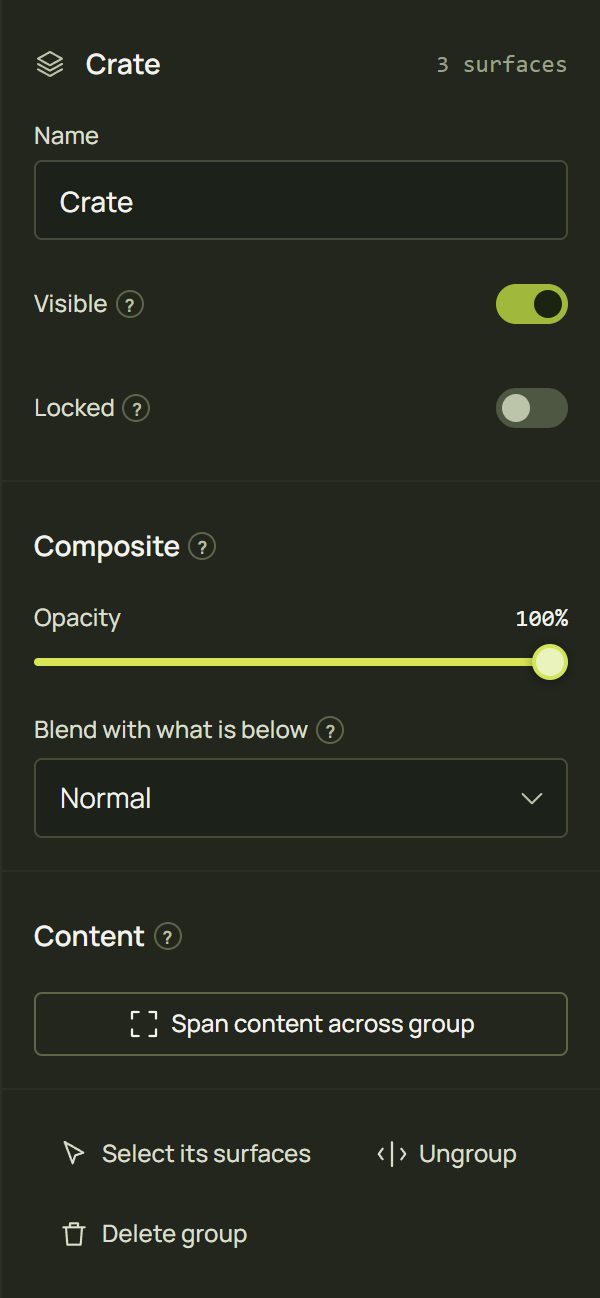 The group inspector: Name, Visible, Locked, Composite, Content and buttons