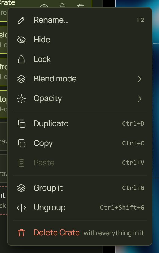 The group row's right-click menu