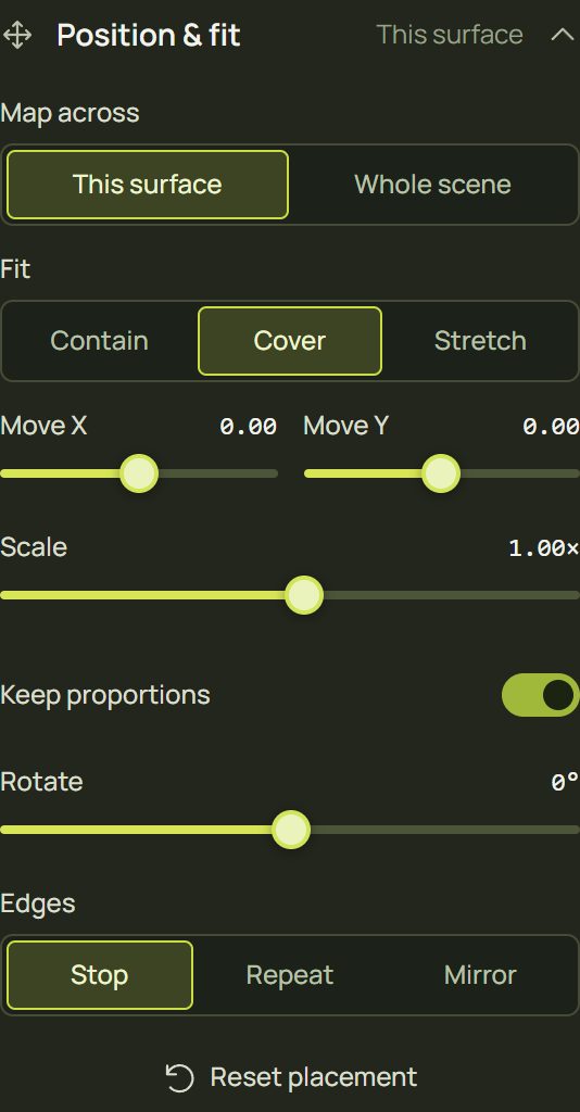 Position and fit in Advanced: Map across, Fit, Move, Scale, Keep proportions, Rotate, Edges, Reset placement