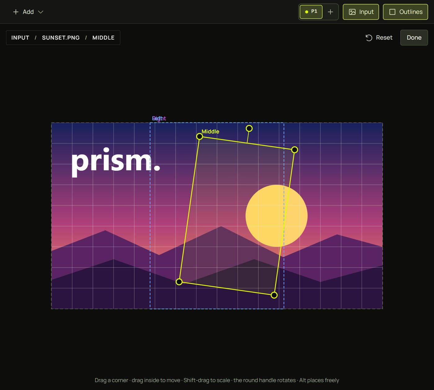 The Input view: the sunset picture with the Middle panel's frame shrunk and turned round the sun