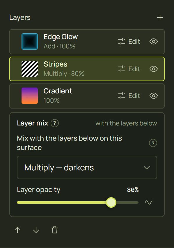 The layer stack with three layers and the Layer mix box