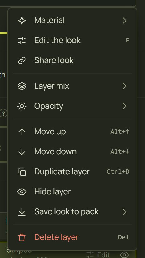 The right-click menu of a layer