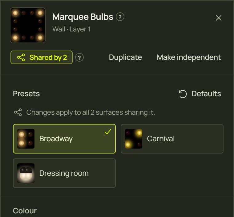 The top of the look panel: preview, name, Shared by 2, Duplicate, Make independent, presets and Defaults