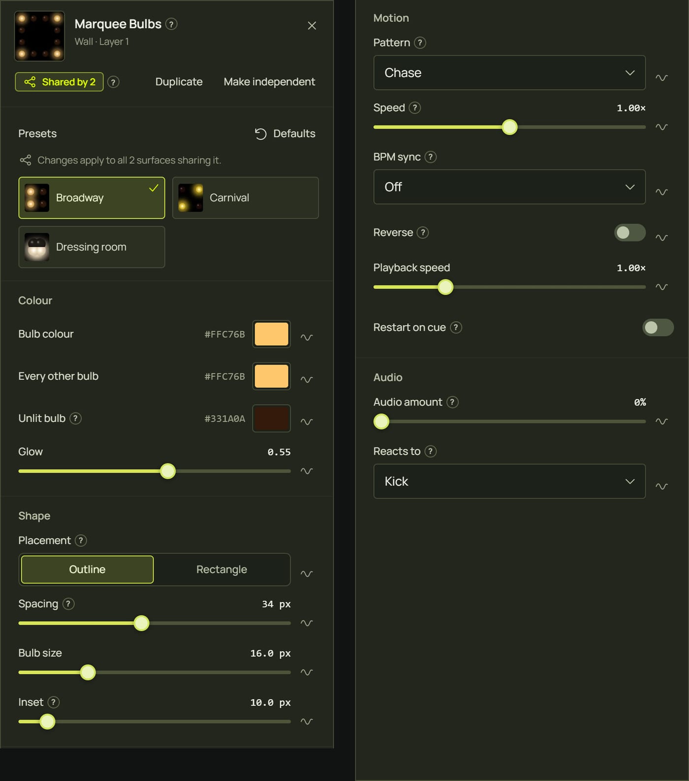The whole look panel for Marquee Bulbs with its Colour, Shape, Motion and Audio groups