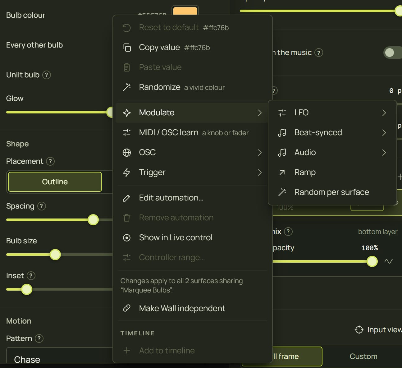 A colour setting's right-click menu in Advanced mode with the Modulate submenu open