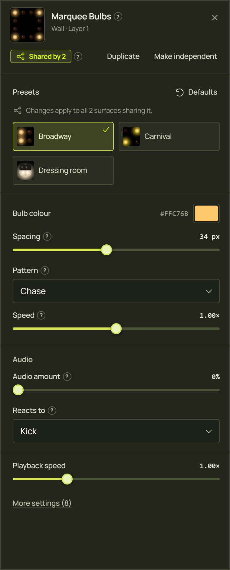 The look panel in Simple mode with the main settings, Audio, Playback speed and More settings