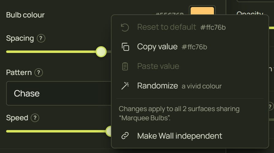 The same right-click menu in Simple mode: reset, copy, paste and Randomize
